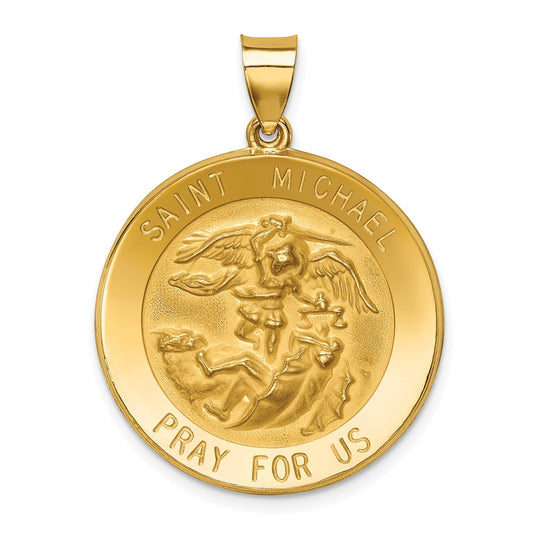 14k Yellow Gold Polished and Satin St Michael Medal Hollow Engravable Charm Pendant Jewelry Gifts (Length 1.09" Width 0.98")