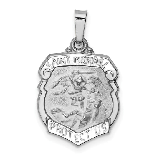 14k White Gold Polished and Satin St Michael Medal Hollow Engravable Charm Pendant Jewelry Gifts (Length 0.78" Width 0.59")