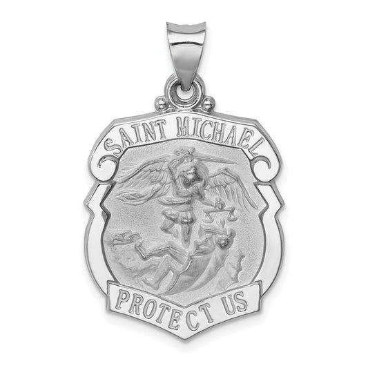 14k White Gold Polish Satin St Michael Badge Medal Hollow Engravable Charm Pendant Jewelry Gifts (Length 1.17" Width 0.86")
