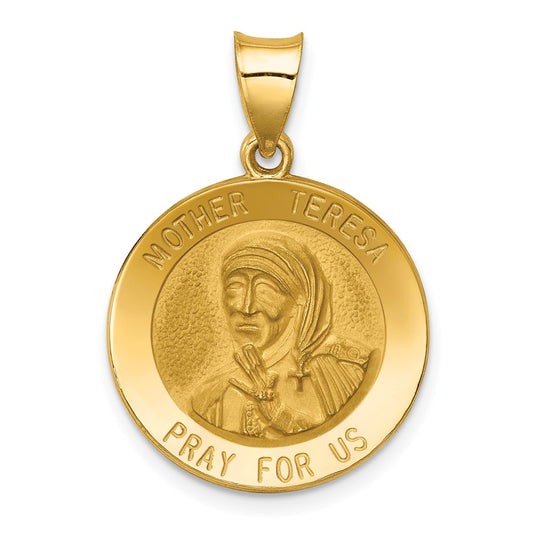 14k Yellow Gold Polished and Satin Mother Teresa Medal Hollow Engravable Charm Pendant Jewelry Gifts (Length 0.82" Width 0.74")