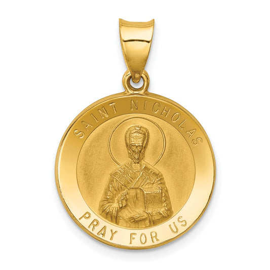 14k Yellow Gold Polished and Satin St Nicholas Medal Hollow Engravable Charm Pendant Jewelry Gifts (Length 0.82" Width 0.74")