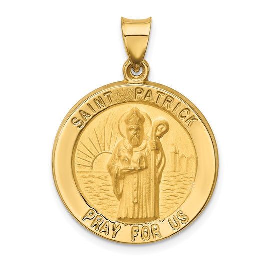 14k Yellow Gold Polished and Satin St Patrick Medal Hollow Engravable Charm Pendant Jewelry Gifts (Length 0.98" Width 0.9")