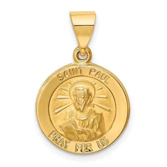 14k Yellow Gold Polished and Satin St Paul Medal Hollow Engravable Charm Pendant Jewelry Gifts (Length 0.7" Width 0.59")