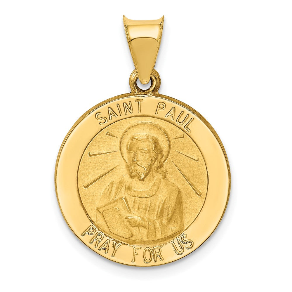 14k Yellow Gold Polished and Satin St Paul Medal Hollow Engravable Charm Pendant Jewelry Gifts (Length 0.82" Width 0.74")