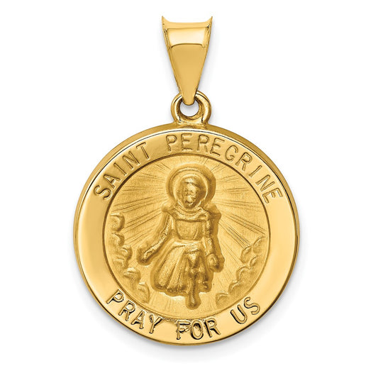 14k Yellow Gold Polished and Satin St Peregrine Medal Hollow Engravable Charm Pendant Jewelry Gifts (Length 0.82" Width 0.74")