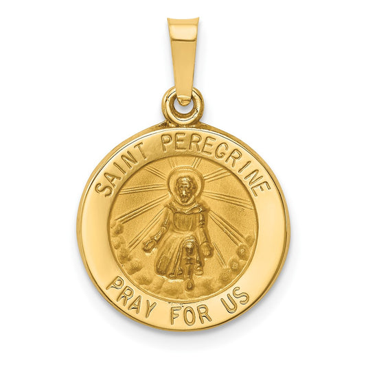 14k Yellow Gold Polished and Satin St Peregrine Medal Hollow Engravable Charm Pendant Jewelry Gifts (Length 0.7" Width 0.59")