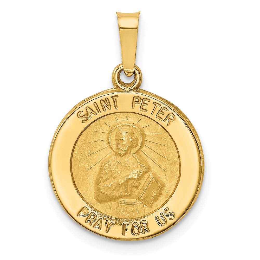 14k Yellow Gold Polished and Satin St Peter Medal Hollow Engravable Charm Pendant Jewelry Gifts (Length 0.7" Width 0.62")