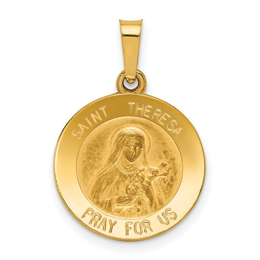 14k Yellow Gold Polished and Satin St Theresa Medal Hollow Engravable Charm Pendant Jewelry Gifts (Length 0.7" Width 0.59")