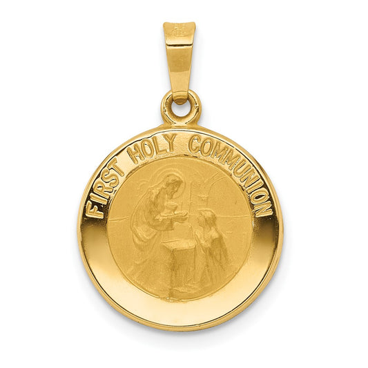 14k Yellow Gold Polished Satin First Holy Communion Medal Hollow Engravable Charm Pendant Jewelry Gifts (Length 0.62" Width 0.59")