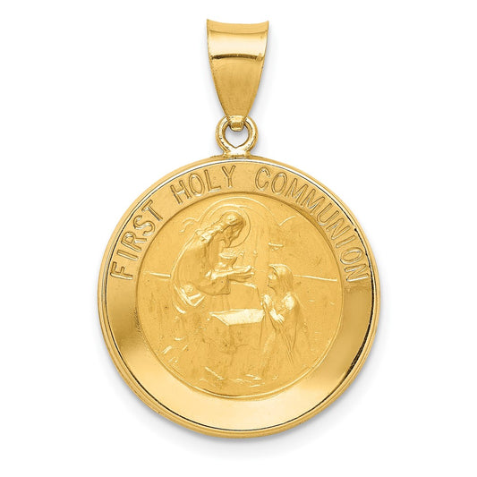 14k Yellow Gold Polished Satin First Holy Communion Medal Hollow Engravable Charm Pendant Jewelry Gifts (Length 0.82" Width 0.7")