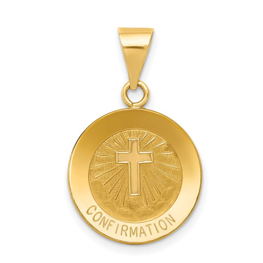 14k Yellow Gold Polished and Satin Confirmation Medal Hollow Engravable Charm Pendant Jewelry Gifts (Length 0.66" Width 0.59")