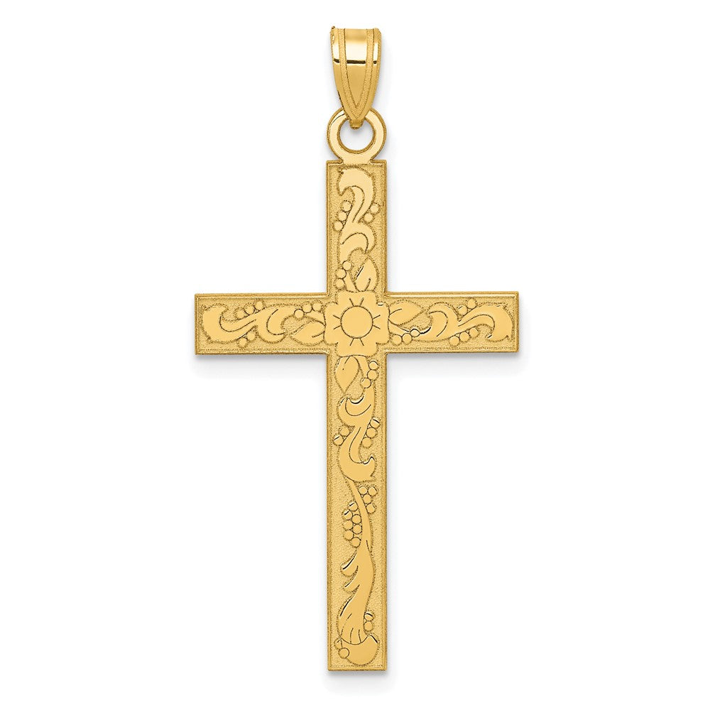 14k Yellow Gold Etched Floral Crucifix CrossEngravable Charm Pendant Jewelry Gifts (Length 1.44" Width 0.74")