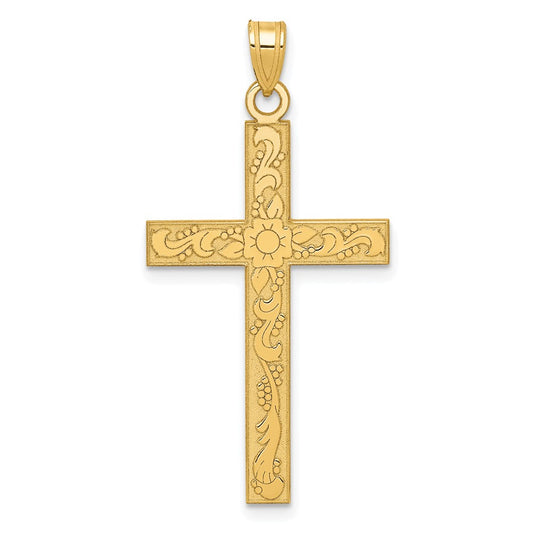 14k Yellow Gold Etched Floral Crucifix CrossEngravable Charm Pendant Jewelry Gifts (Length 1.44" Width 0.74")