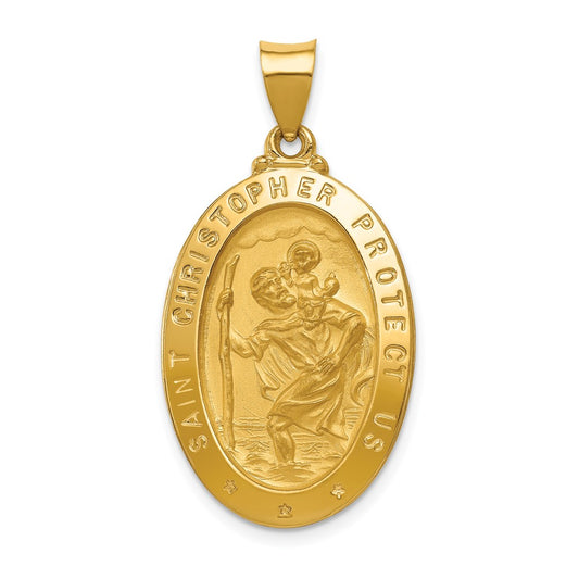 14k Yellow Gold Polished and Satin St Christopher Medal Hollow Engravable Charm Pendant Jewelry Gifts (Length 1.4" Width 0.72")