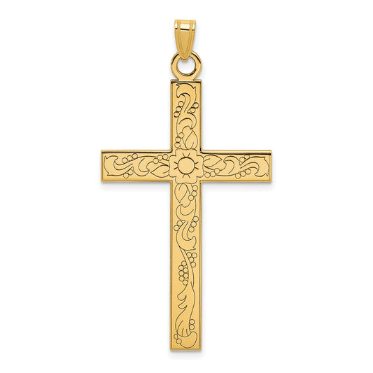 14k Yellow Gold Etched Floral Design Crucifix CrossEngravable Charm Pendant Jewelry Gifts (Length 1.91" Width 0.98")