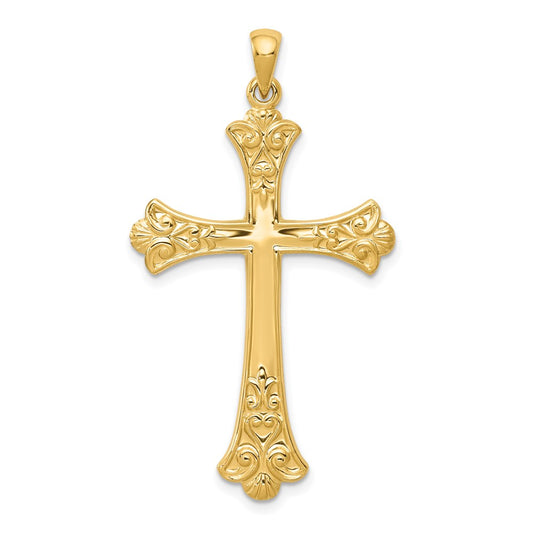 14k Yellow Gold Fleur De Lis Crucifix CrossEngravable Charm Pendant Jewelry Gifts (Length 1.79" Width 0.98")
