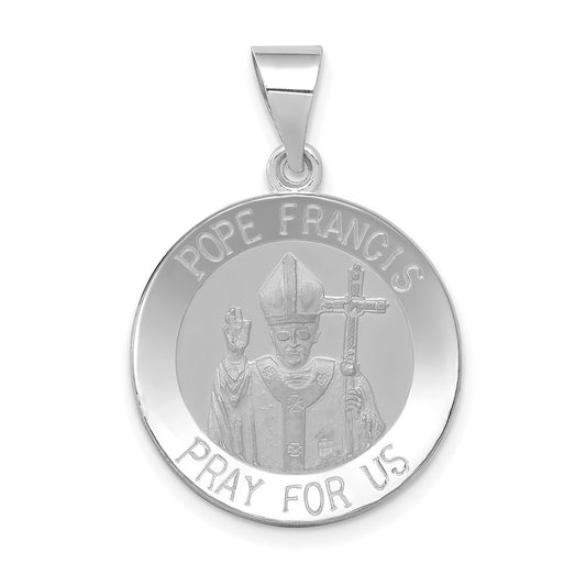 14k White Gold Satin and Polished Hollow Pope Francis Medal Engravable Charm Pendant Jewelry Gifts