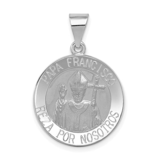 14k White Gold Satin and Polished Hollow Pope Francisco Medal Engravable Charm Pendant Jewelry Gifts