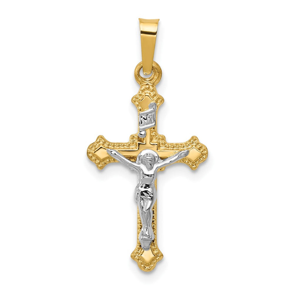 14k Two Tone Yellow and White Gold Polished INRI Crucifix Engravable Charm Pendant Jewelry Gifts (Length 1.05" Width 0.52")