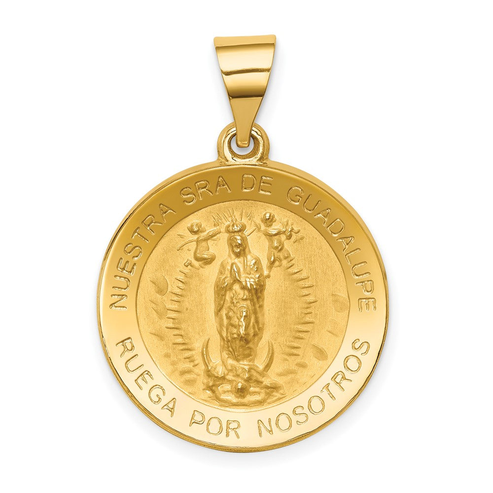 14k Yellow Gold Polished Satin Spanish Our Lady Guadalupe Hollow Medal Engravable Charm Pendant Jewelry Gifts (Length 1.05" Width 0.74")
