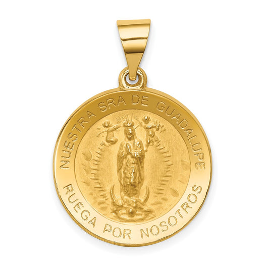 14k Yellow Gold Polished Satin Spanish Our Lady Guadalupe Hollow Medal Engravable Charm Pendant Jewelry Gifts (Length 1.05" Width 0.74")