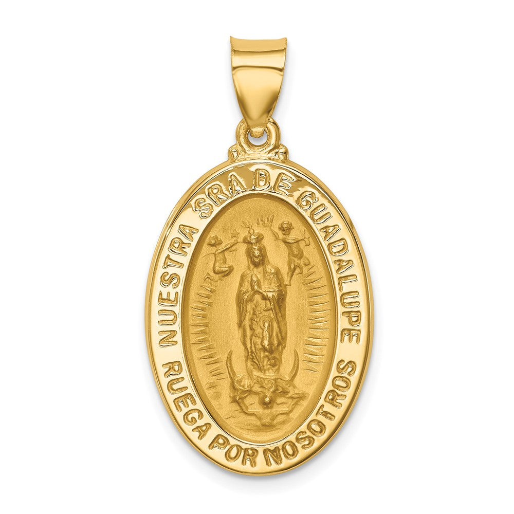 14k Yellow Gold Polish Satin Hollow Spanish Lady Of Guadalupe Medal Engravable Charm Pendant Jewelry Gifts (Length 1.27" Width 0.64")