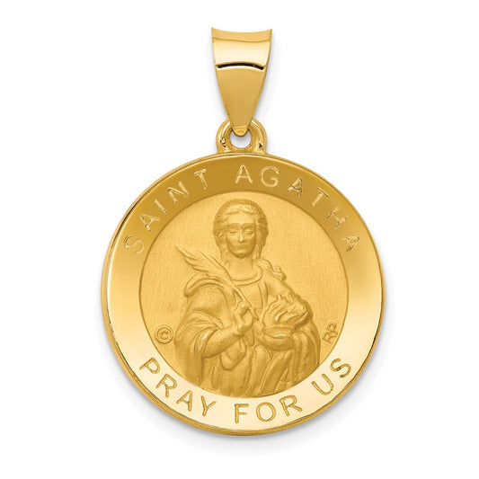 14k Yellow Gold Polished Satin St. Agatha Hollow Medal Engravable Charm Pendant Jewelry Gifts (Length 1.09" Width 0.74")