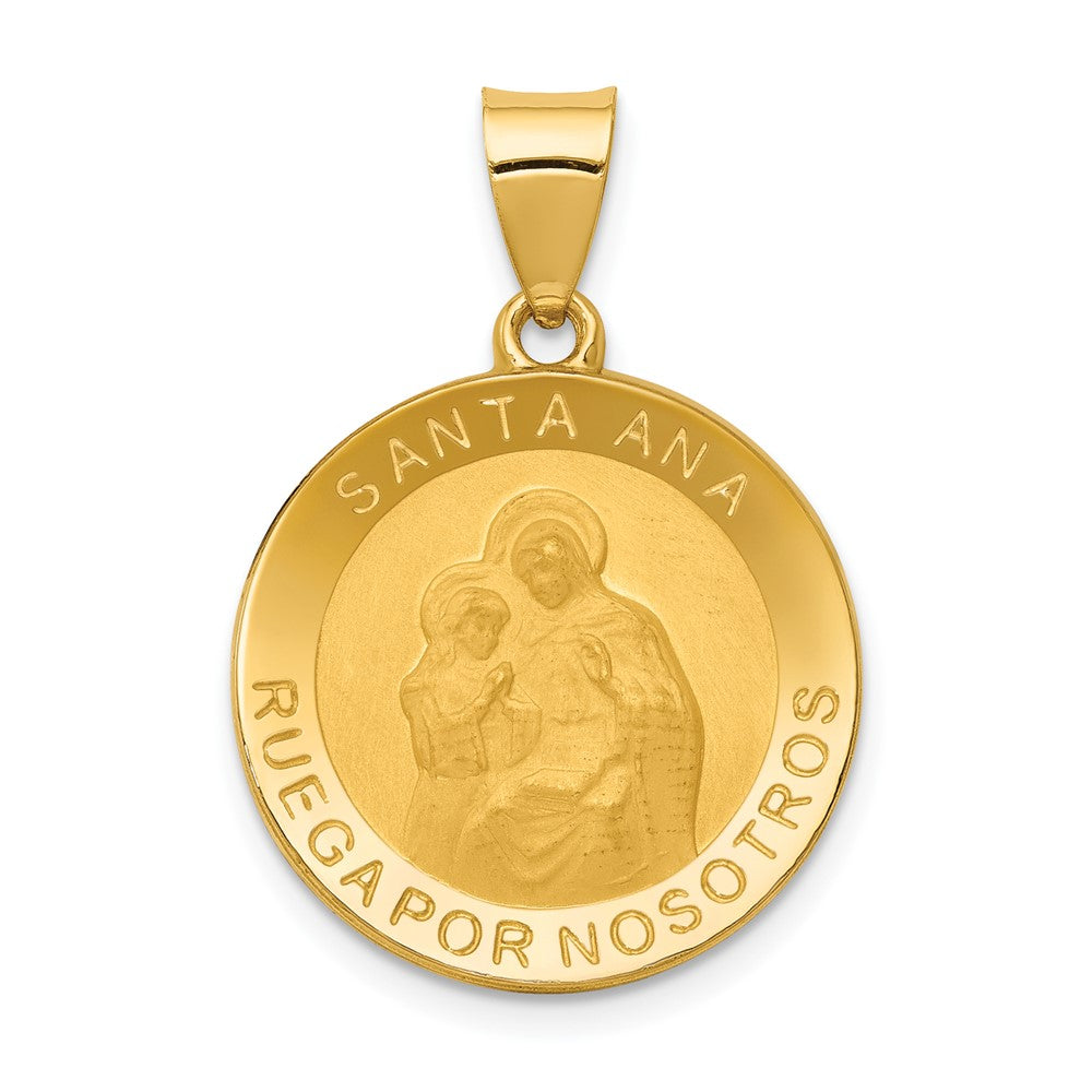 14k Yellow Gold Polished Satin Hollow Spanish Saint Anne Medal Engravable Charm Pendant Jewelry Gifts (Length 1.09" Width 0.74")