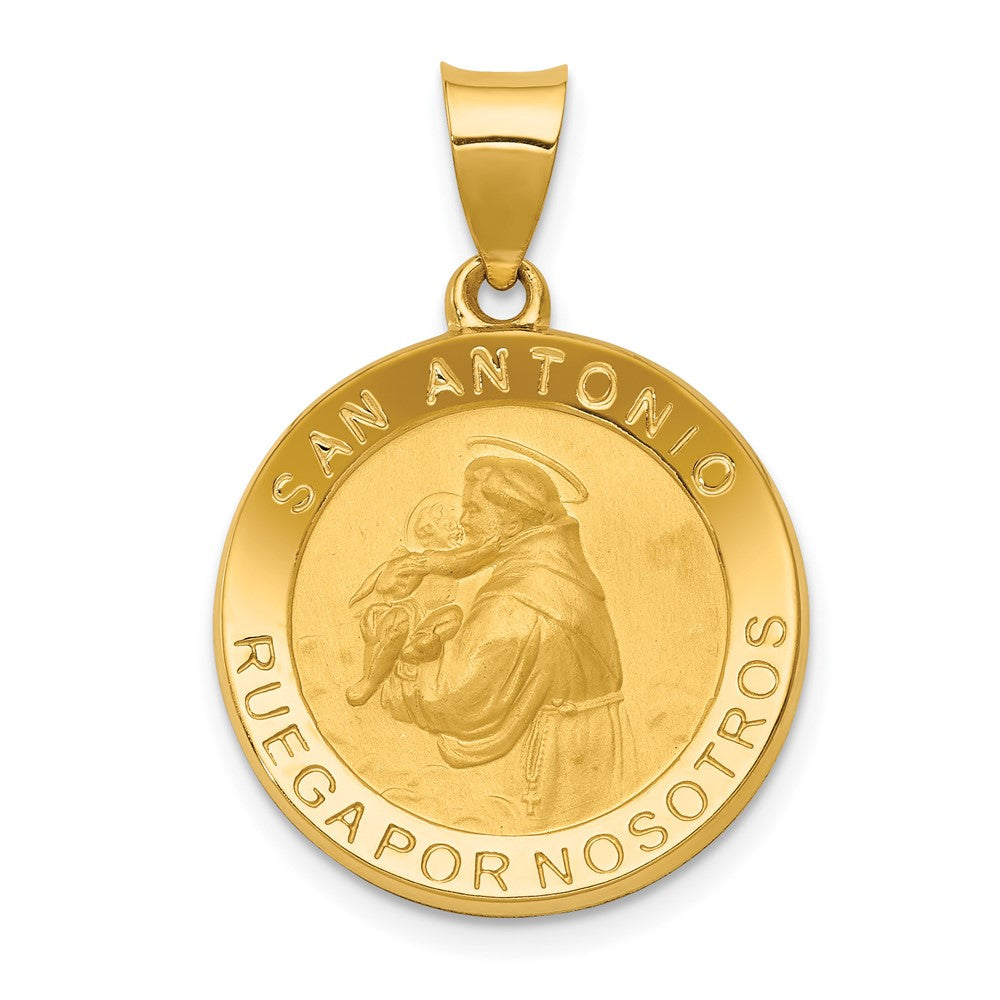 14k Yellow Gold Polished Satin Hollow Spanish St. Anthony Medal Engravable Charm Pendant Jewelry Gifts (Length 1.09" Width 0.78")