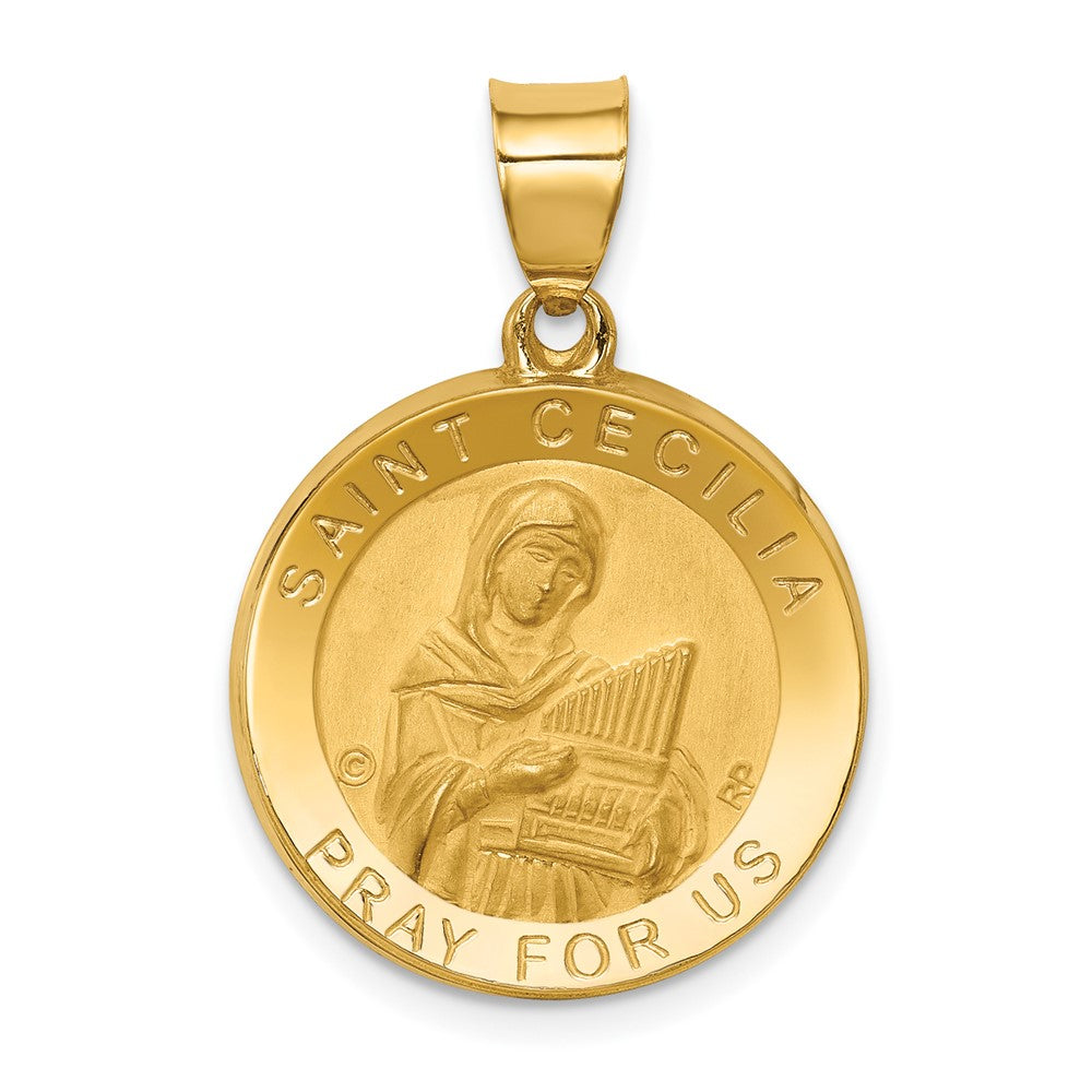 14k Yellow Gold Polished Satin St. Cecilia Hollow Medal Engravable Charm Pendant Jewelry Gifts (Length 1.06" Width 0.74")