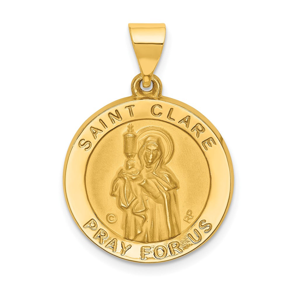 14k Yellow Gold Polished Satin St. Clare Hollow Medal Engravable Charm Pendant Jewelry Gifts (Length 1.05" Width 0.74")