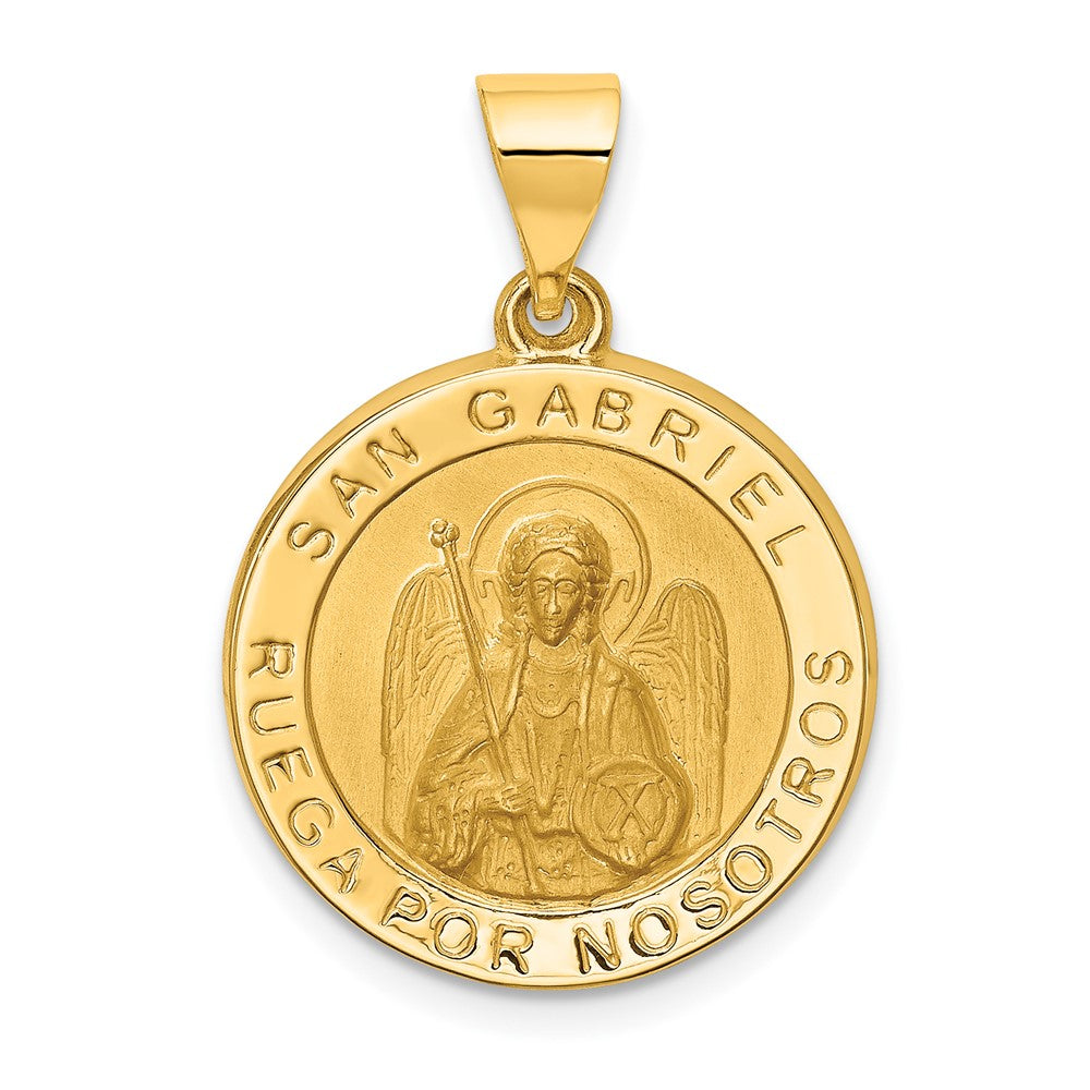 14k Yellow Gold Polished Satin Hollow Spanish St. Gabriel Medal Engravable Charm Pendant Jewelry Gifts (Length 1.03" Width 0.74")