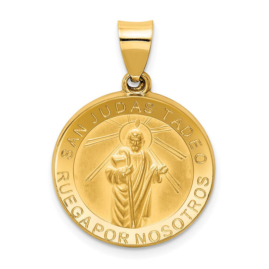 14k Yellow Gold Polished Satin Hollow Spanish St. Jude Thaddeus Medal Engravable Charm Pendant Jewelry Gifts (Length 1.04" Width 0.73")