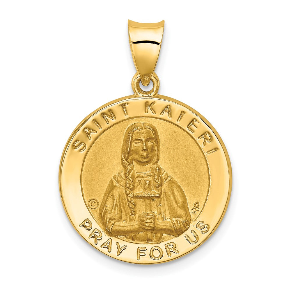 14k Yellow Gold Polished Satin St. Kateri Hollow Medal Engravable Charm Pendant Jewelry Gifts (Length 1.03" Width 0.73")
