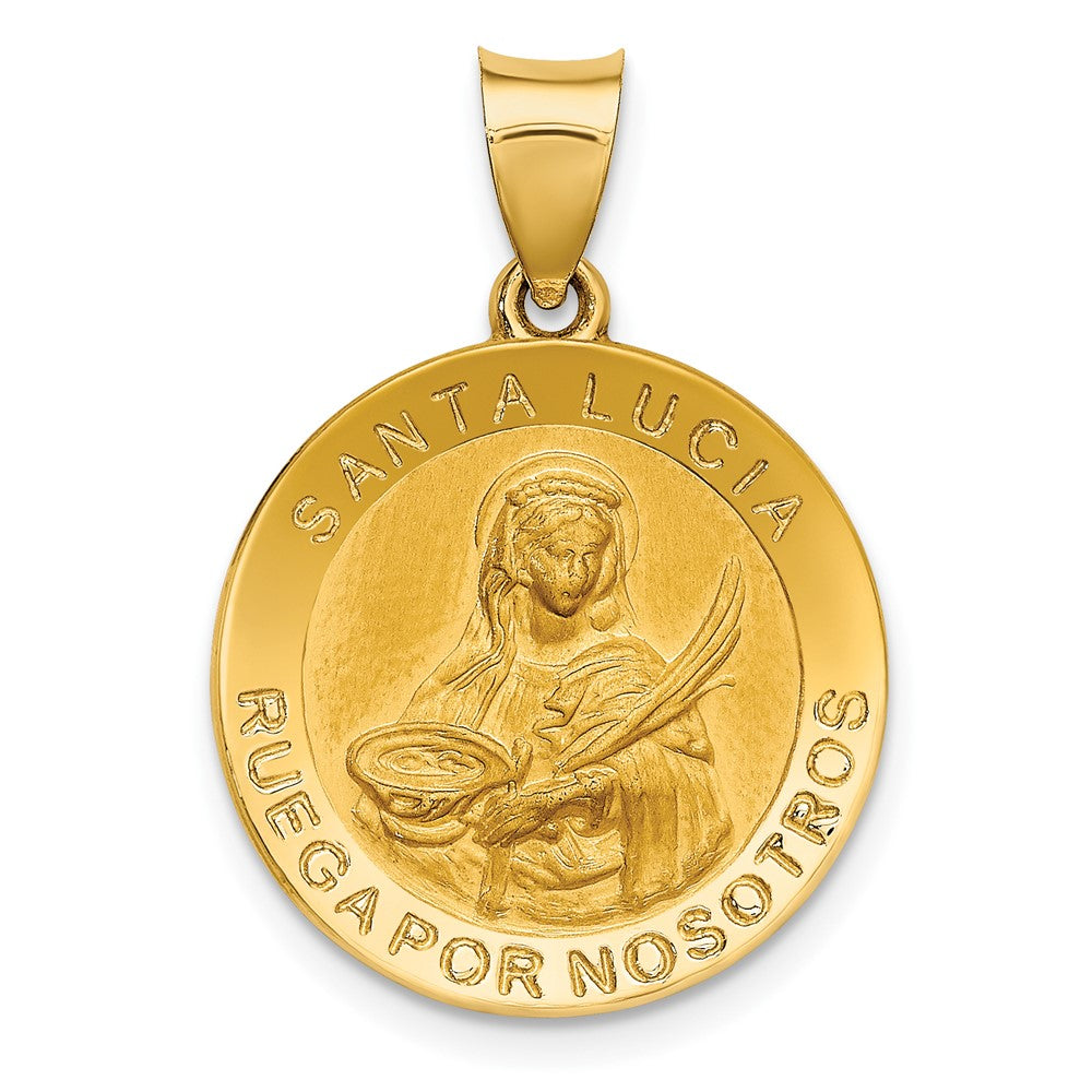 14k Yellow Gold Polished Satin Hollow Spanish St. Lucy Medal Engravable Charm Pendant Jewelry Gifts (Length 1.02" Width 0.73")