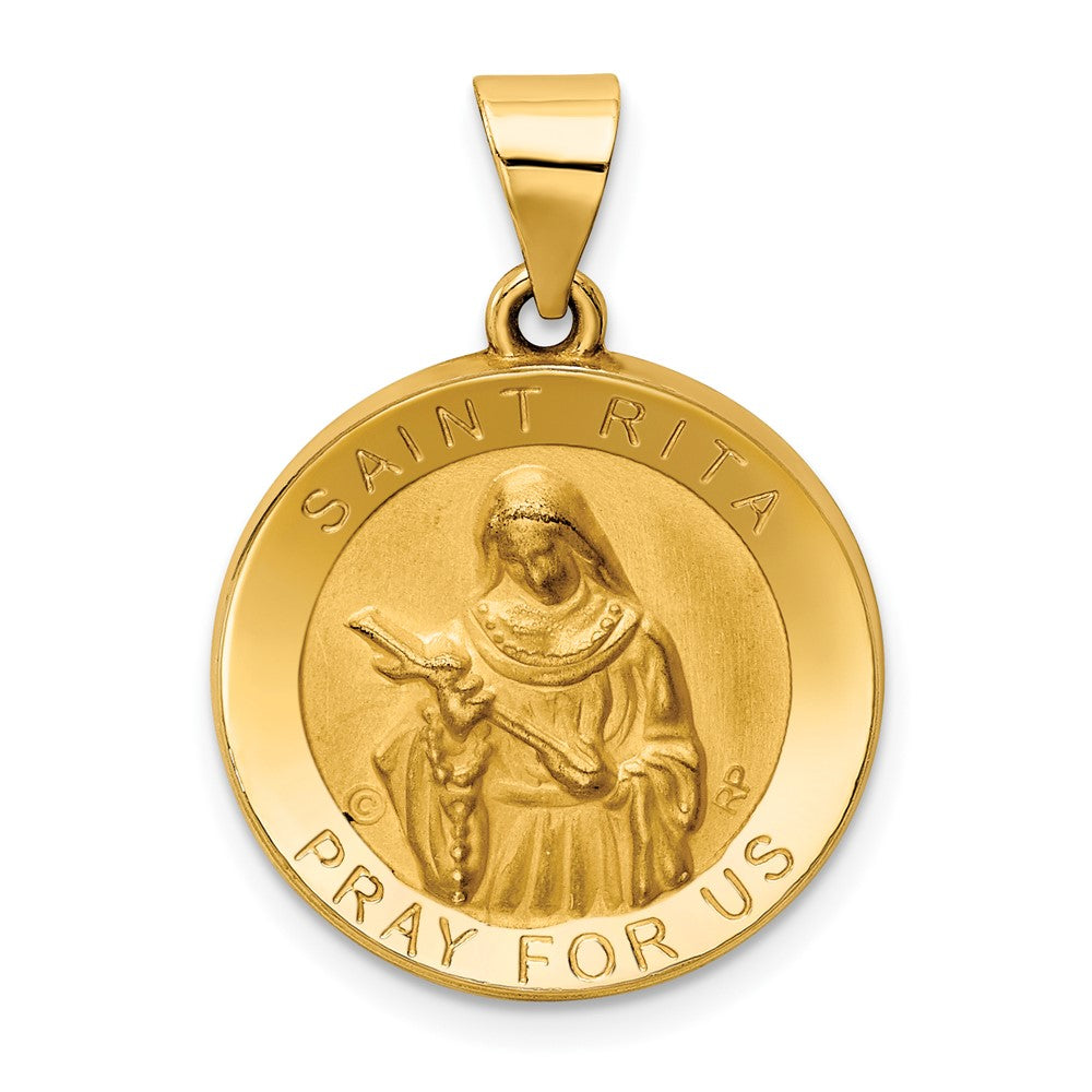 14k Yellow Gold Polished Satin St. Rita Hollow Medal Engravable Charm Pendant Jewelry Gifts (Length 1.02" Width 0.73")