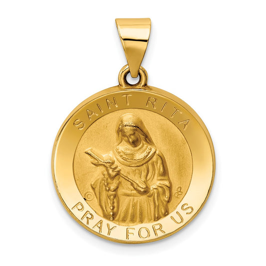14k Yellow Gold Polished Satin St. Rita Hollow Medal Engravable Charm Pendant Jewelry Gifts (Length 1.02" Width 0.73")