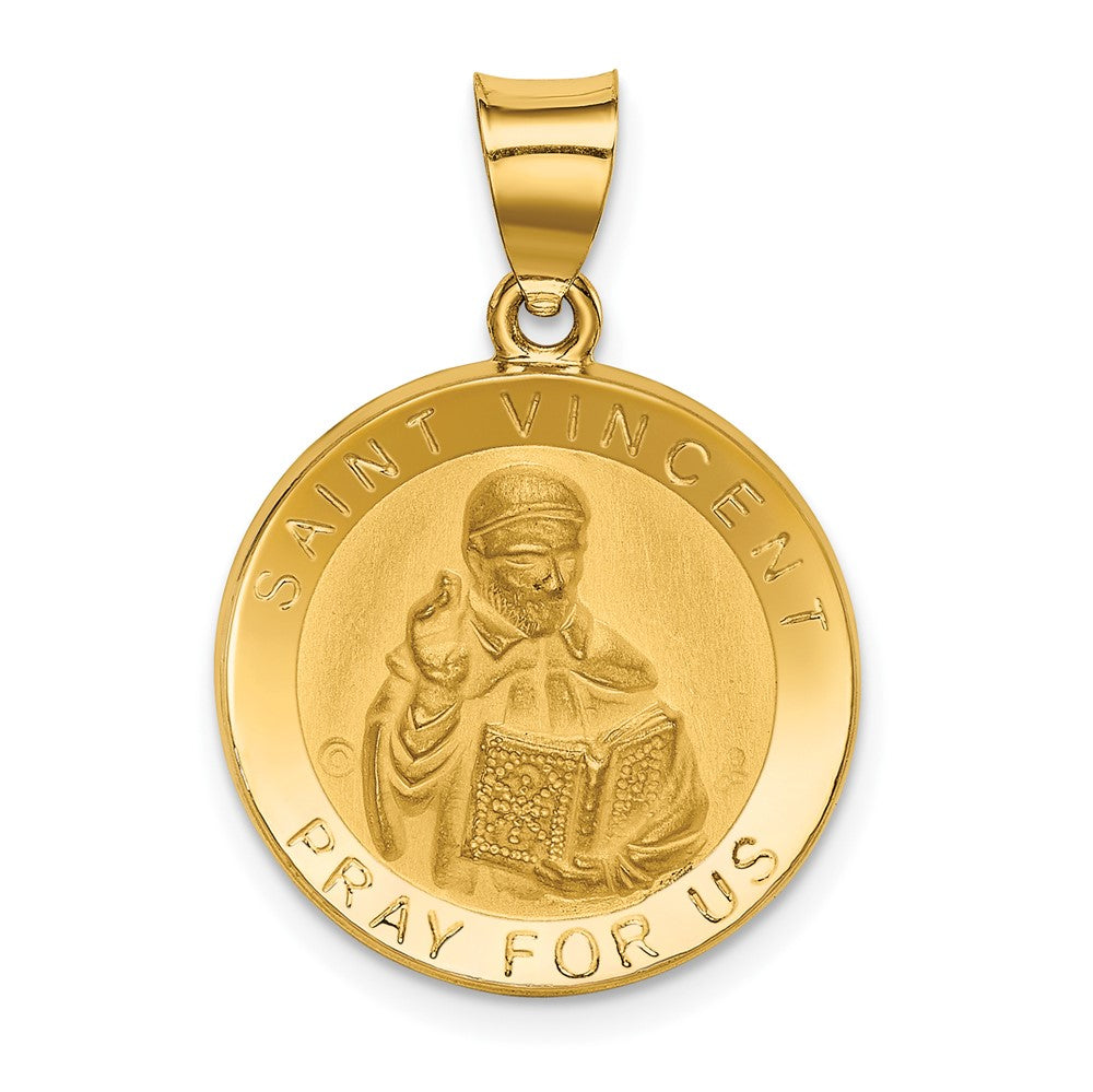 14k Yellow Gold Polished Satin St. Vincent Hollow Medal Engravable Charm Pendant Jewelry Gifts (Length 1.02" Width 0.71")
