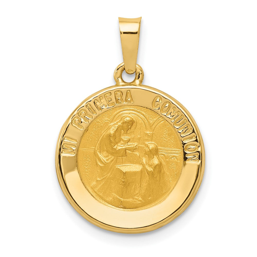 14k Yellow Gold Polished Satin Spanish 1st Communion Medal Hollow Engravable Charm Pendant Jewelry Gifts (Length 0.89" Width 0.57")