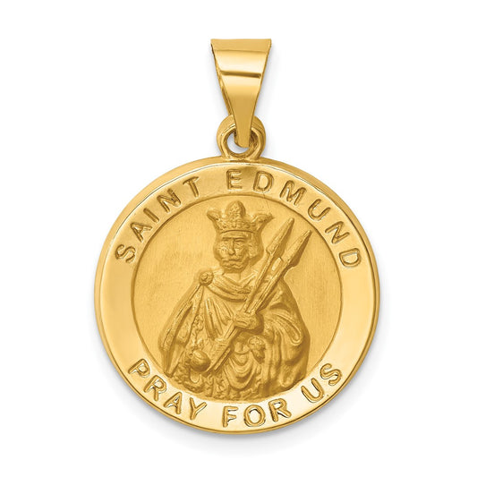 14k Yellow Gold Hollow Polished Satin Round St. Edmund Medal Engravable Charm Pendant Jewelry Gifts (Length 1.01" Width 0.73")