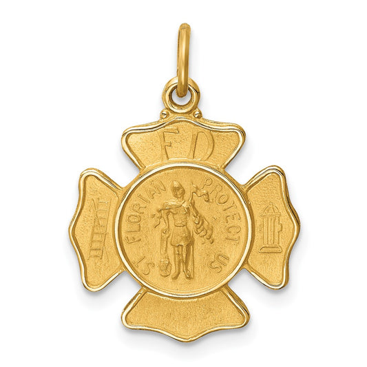 14k Yellow Gold Polished Satin Small St. Florian Fire Dept. Badge Medal Engravable Charm Pendant Jewelry Gifts (Length 0.9" Width 0.66")