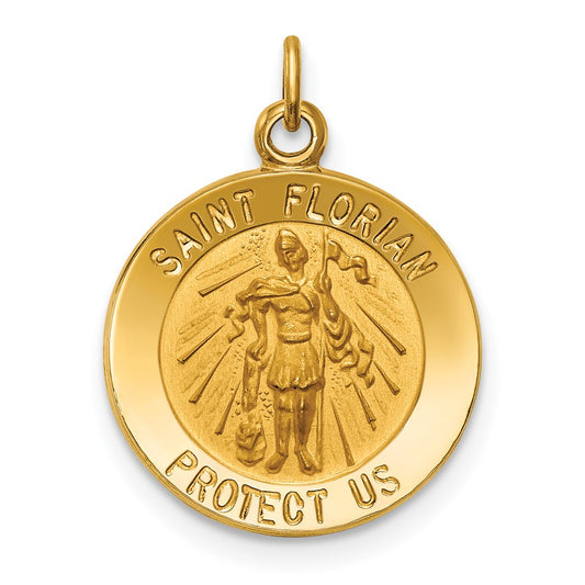 14k Yellow Gold Polished Satin Small St. Florian Medal Engravable Charm Pendant Jewelry Gifts (Length 0.76" Width 0.59")