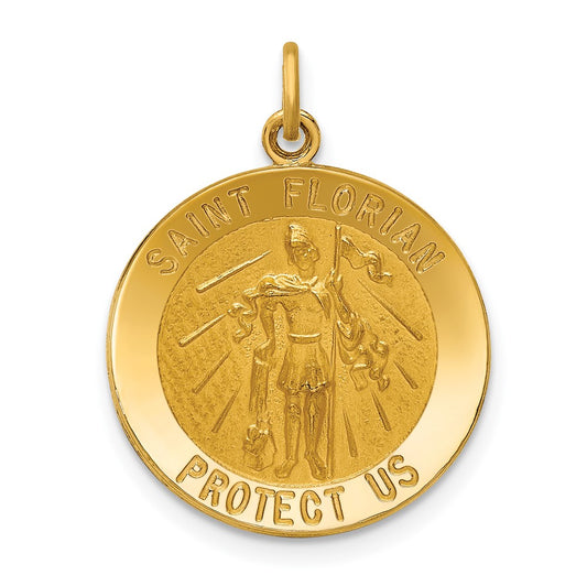 14k Yellow Gold Polished Satin Medium St. Florian Medal Engravable Charm Pendant Jewelry Gifts (Length 0.92" Width 0.7")