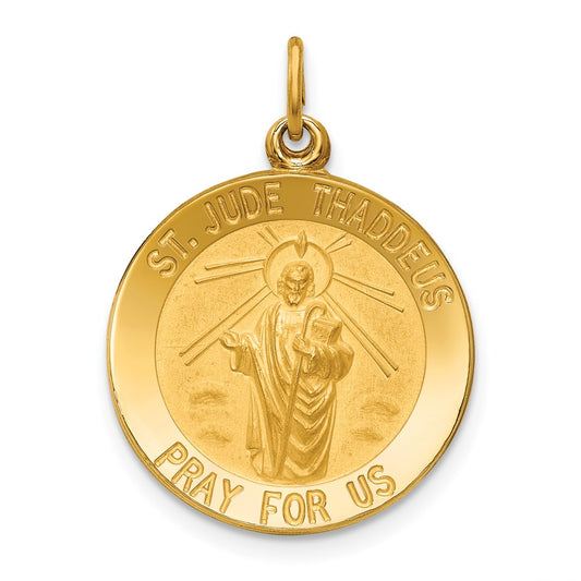 14k Yellow Gold Polished Satin Small Round St. Jude Thaddeus Medal Engravable Charm Pendant Jewelry Gifts (Length 0.98" Width 0.7")