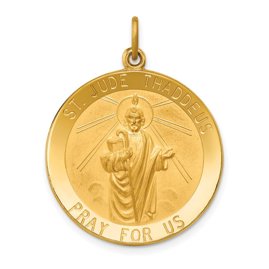 14k Yellow Gold Polished Satin Large Round St. Jude Thaddeus Medal Engravable Charm Pendant Jewelry Gifts (Length 1.23" Width 0.95")