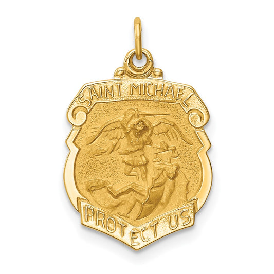 14k Yellow Gold Polished Satin Small St. Michael Badge Medal Engravable Charm Pendant Jewelry Gifts (Length 0.8")