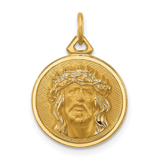 14k Yellow Gold Polished Satin Small Round Jesus Medal Engravable Charm Pendant Jewelry Gifts
