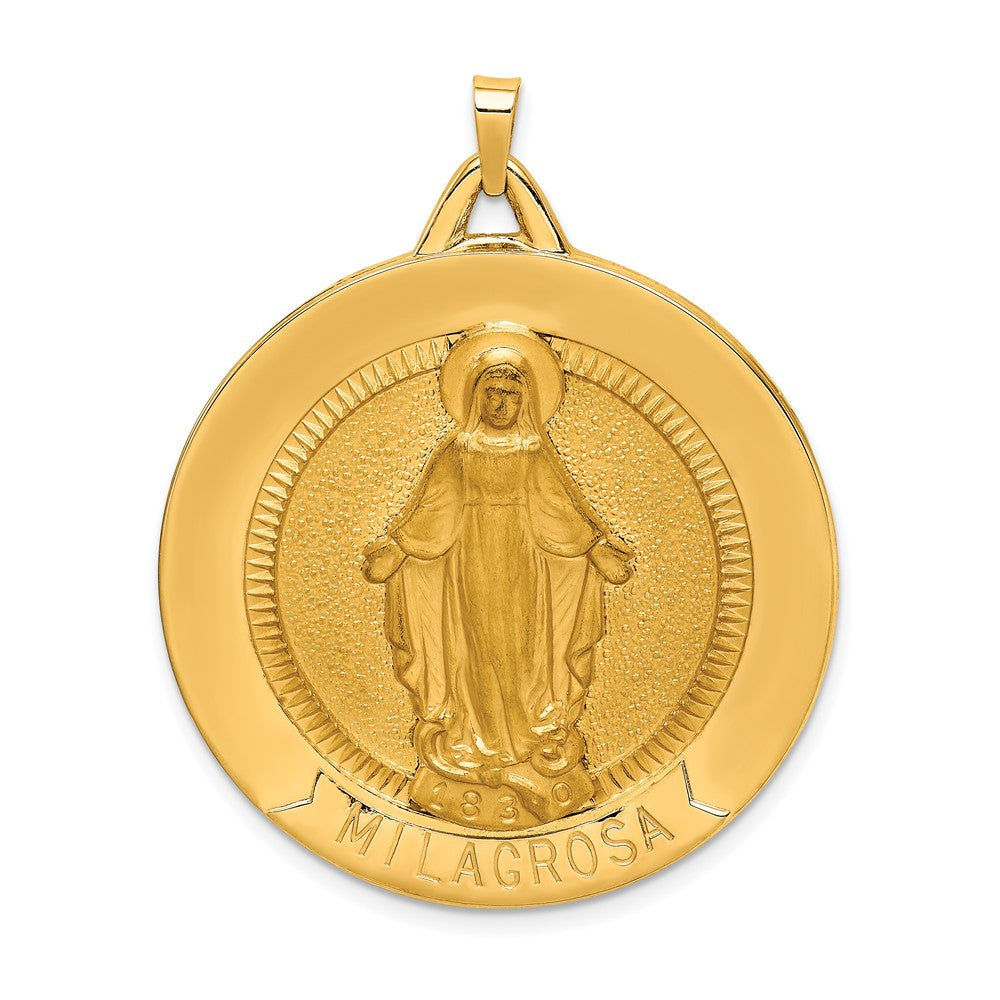14k Yellow Gold Polished Satin Large Raised Round Milagrosa Medal Engravable Charm Pendant Jewelry Gifts (Length 1.66" Width 1.35")