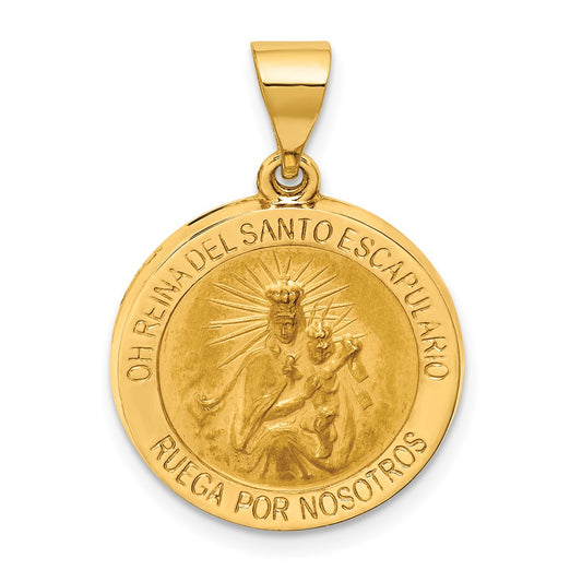 14k Yellow Gold Hollow Round Spanish Escapulario Reversible Medal Engravable Charm Pendant Jewelry Gifts (Length 0.98" Width 0.71")