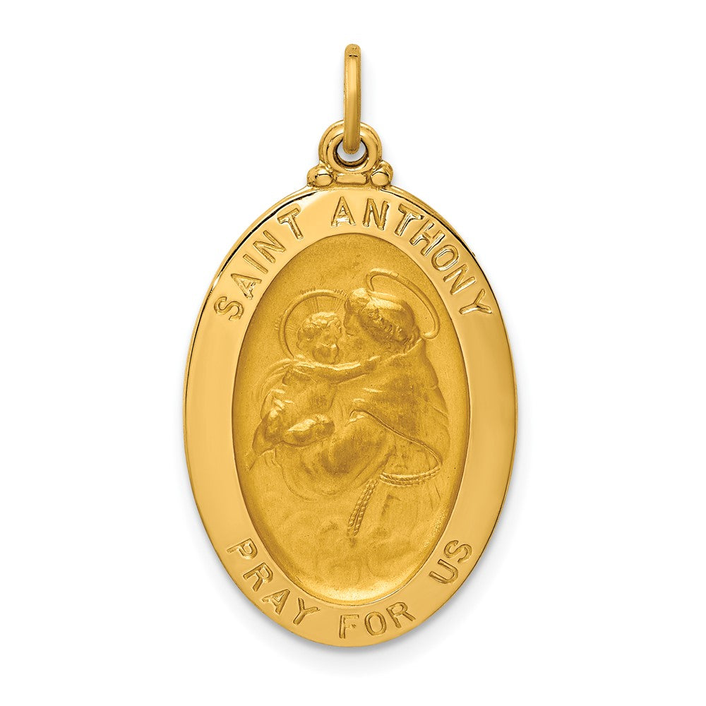 14k Yellow Gold Polished Satin Oval St. Anthony Medal Engravable Charm Pendant Jewelry Gifts (Length 1.13" Width 0.63")